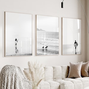 beach wall art set of 3, surfing, surfers printable wall art, black and white minimalist, 3 piece, beach decor, posters