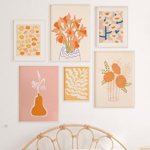 orange flowers gallery wall prints set of 6, college apartment decor, orange flower market, dorm room decor, colorful gallery wall printable