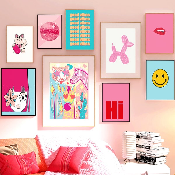 Set di 9 stampe colorate stampabili, stampe preppy, parete galleria, decorazione da parete per dormitorio, camera per ragazze, decorazione per dormitorio, camera rosa per adolescenti