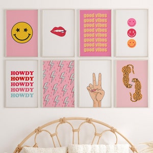 Preppy wall decor set of 9, apartment wall decor, preppy poster, retro print, trendy art prints, leopard, dorm room decor, pink teen room image 1