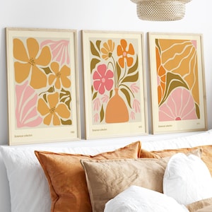 Impresiones de arte de pared moderno conjunto de 3, flores, carteles de exposición, arte de pared de los años 70, arte de pared hippie, arte de pared de 3 piezas, arte de pared imprimible