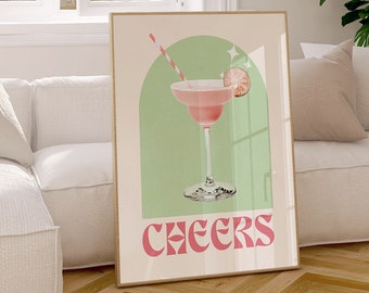 retro cocktail wall art, cheers wall art, bar cart art print, printable wall art, dorm room wall decor, alcohol drinks poster, digital print