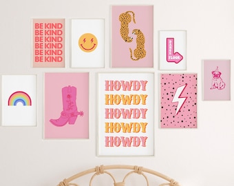Preppy wall decor set of 9, teen cowgirl bedroom decor, apartment wall decor, retro, trendy art, leopard, dorm room decor, pink teen room