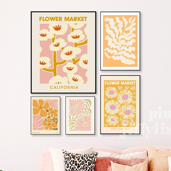 maximalist wall art, colorful print set, flower market, teen girl room decor, gallery wall set of 6, dorm room decor, digital art prints