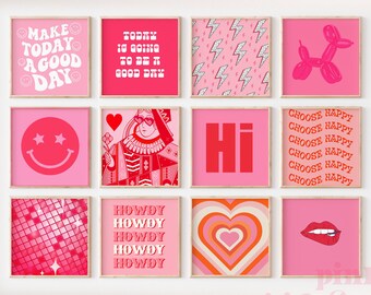 Lot de 12 oeuvres d'art murales preppy fuchsia, impressions numériques murales de galerie, art mural imprimable, impressions colorées, décoration rose pour chambre d'adolescent