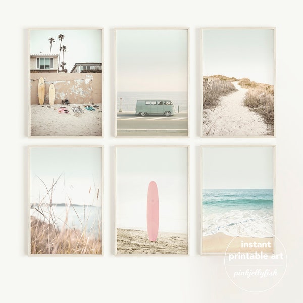 gallery wall set, beach wall art, printable wall art, coastal wall art, set of 6, room decor, van, surf art