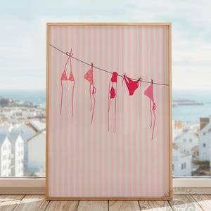 bikini wall art, pink, coastal cowgirl aesthetic, beach wall art, beachy print, printable trendy dorm room decor, hanging, stripes