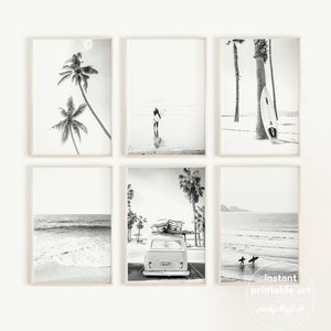 printable beach prints set, black and white coastal wall art, gallery wall set,  printable, set of 6, California, room decor, surfing
