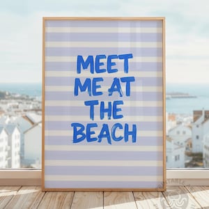 meet me at the beach print, blue stripes, coastal cowgirl wall art, pink beachy art, digital prints, printable wall art, beachy dorm decor,
