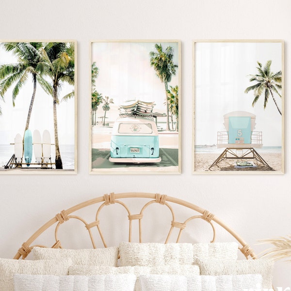 set of 3 beach prints, blue aqua surfboard, van, palm trees print, printable wall art, girls wall decor, dorm wall decor, hawaii