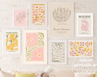gallery wall set boho, pastel art print gallery, set of 8 prints, teen girl wall art, printable Matisse prints, posters, flower market
