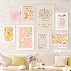 gallery wall set boho, pastel art print gallery, set of 8 prints, teen girl wall art, printable Matisse prints, posters, flower market