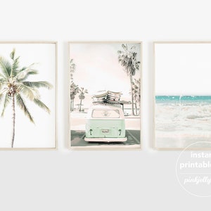 3 piece wall art, beach danish pastel wall decor, sage green kombi teen girl room decor, set of 3 prints, collage dorm decor, kombi van