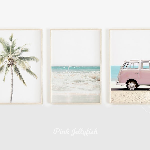 3 piece wall art coastal decor, beach, wall decor, teen girl room decor, set of 3 prints, collage dorm, beach, printable art, pink van, surf