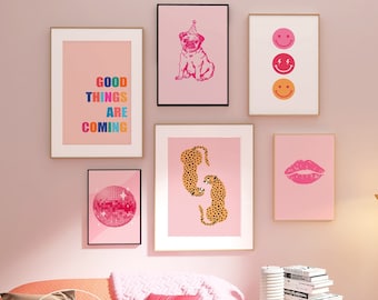 Preppy prints wall decor set of 6 digital prints, dorm wall decor, aesthetic wall art, pink teen girl room, printable wall art, digital art