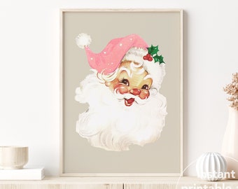 May include: A vintage illustration of Santa Claus with a pink hat and white beard. The illustration is on a beige background.