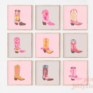 May include: Nine framed prints of colorful cowboy boots with different patterns and designs. The prints are arranged in a grid of three rows and three columns. The frames are all the same size and shape, and they have a light wood finish.