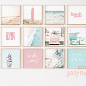 set of 12 prints, gallery beach prints square printable art, combi van, teen girl room decor, dorm decor for college girls, surf art,