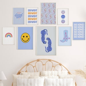 Preppy room decor set of 9, blue dorm room decor,  bedroom decor teens, apartment wall decor, preppy poster, retro, trendy art, leopard,