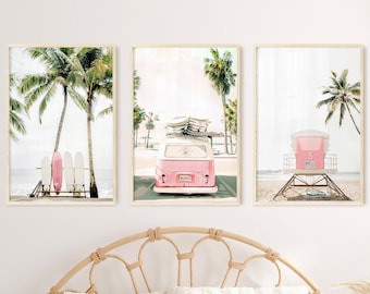 set of 3 beach prints, pink surfboard, van, palm trees print, printable wall art, girls wall decor, dorm wall decor, hawaii