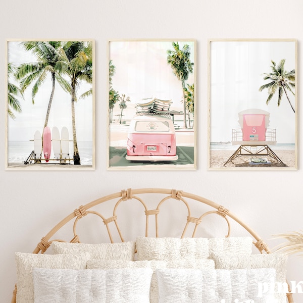 set of 3 beach prints, pink surfboard, van, palm trees print, printable wall art, girls wall decor, dorm wall decor, hawaii