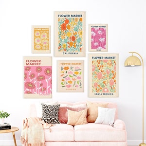 flower market posters gallery wall set of 6, gallery wall set colourful, dorm room decor, digital art