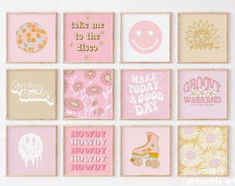 Pink preppy wall art set of 12, Preppy room decor, dorm room decor for college girls, pink teen room decor square digital prints gallery set
