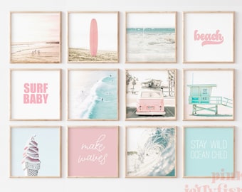 set of 12 prints, gallery beach prints square printable art, combi van, teen girl room decor, dorm decor for college girls, surf art,