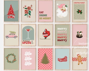 Retro Christmas Prints Set of 15 printable wall art bundle, Preppy Chrismas Decor, Vintage Santa