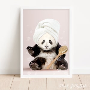 panda in bathroom with turban, baby animal in bathroom, funny bathroom print, retro spa, kids decor, panda gifts, girls nursery wall art