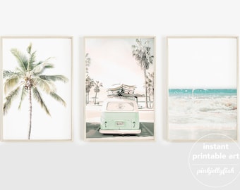 3-delige kunst aan de muur, strand Deense pastel wanddecor, salie groene kombi tienermeisje kamer decor, set van 3 prints, collage slaapzaal decor, kombi busje