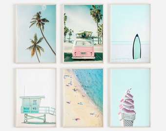 beach set prints, California wall art, 6 printable art, coastal wall art, pink printable