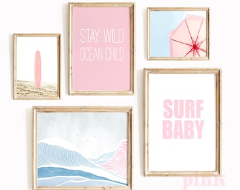 stampa murale per cameretta surf, stampa per cameretta spiaggia, decorazioni per cameretta bambine, set di 5 stampe spiaggia rosa, stampe murali stampabili, stampe digitali, arte digitale,