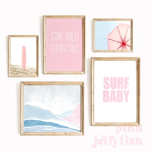 surf nursery wall art, beachy nursery print, girls nursery decor, set of 5 pink beach, printable wall art, digital prints, digital art,