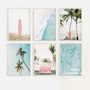 set of 6 beach prints, gallery beach wall art, van, teen girl room decor, dorm wall decor, surf art, printable art, California, Hawaii