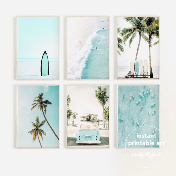 set of 6 beach prints blue, gallery beach wall art, van, teen girl room decor, dorm wall decor, surf art, printable art, California, Hawaii