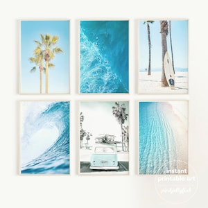 set of 6, beach wall art, printable, teen girl room decor, bathroom wall decor, California, gallery wall set, nautical, blue