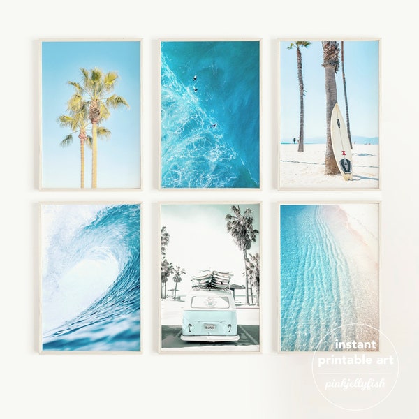set of 6, beach wall art, printable, teen girl room decor, bathroom wall decor, California, gallery wall set, nautical, blue