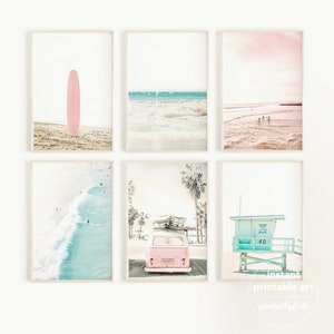 set of 6 prints, gallery beach prints, combi van, teen girl room decor, dorm decor for college girls, surf art, printable, California,