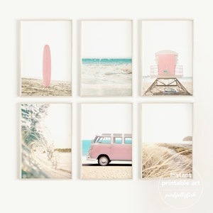 set of 6 prints, beach wall art, pastel room decor, teen girl room decor, 6 piece set, printable, pink van, bedroom wall decor, gallery