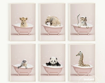 Lot de 6 imprimés animal dans la baignoire, imprimés drôles de salle de bain, décor animal safari, imprimé animal rose pour chambre de bébé, art mural imprimable éléphant