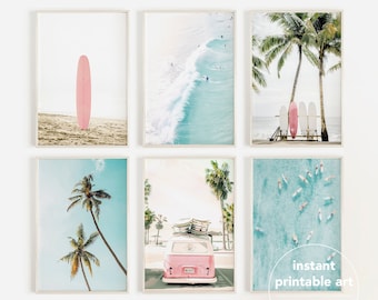 set of 6 beach prints, coastal gallery wall art, teen girl room decor, dorm wall decor, van surf art, printable art, California,