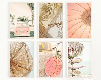 set of 6  beach prints, college dorm room decor, teen girl room decor, boho, coastal wall art, kombi van printable wall art, California
