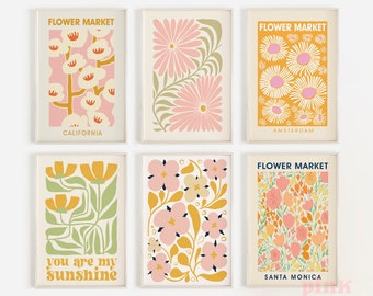 gallery wall set of 6, college apartment decor, California flower market, dorm room decor preppy room decor colorful gallery wall printable