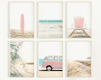 set of 6 prints, beach wall art, pastel room decor, teen girl room decor, 6 piece set, printable, pink van, bedroom wall decor, gallery