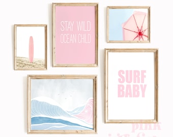 surf baby wall art, stampe da spiaggia, ragazze vivaio wall art set di 5 pink beach, wall art stampabile, stampe digitali, arte digitale, decorazioni murali