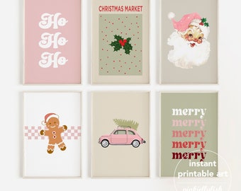 Retro Christmas prints set of 6, vintage Christmas, Christmas decor, pink Santa, printable wall art, gallery wall set, Christmas Pink Bundle