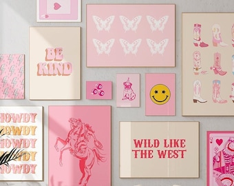 Pink preppy wall art, cowgirl prints, girly posters, set of 14 printable art, maximalist wall art, gallery set, dorm wall decor,