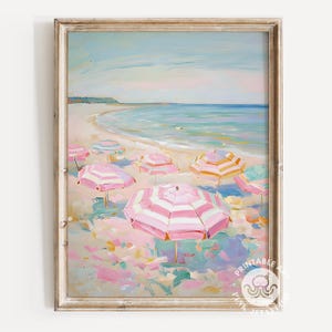 vintage strandposter print parasols schilderij, beachy kinderkamer kunst aan de muur, kustveedrijfster, girly, digitaal, afdrukbare muurkunst