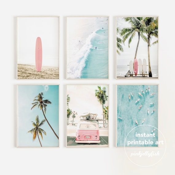 set of 6 beach prints, coastal gallery wall art, teen girl room decor, dorm wall decor, van surf art, printable art, California,